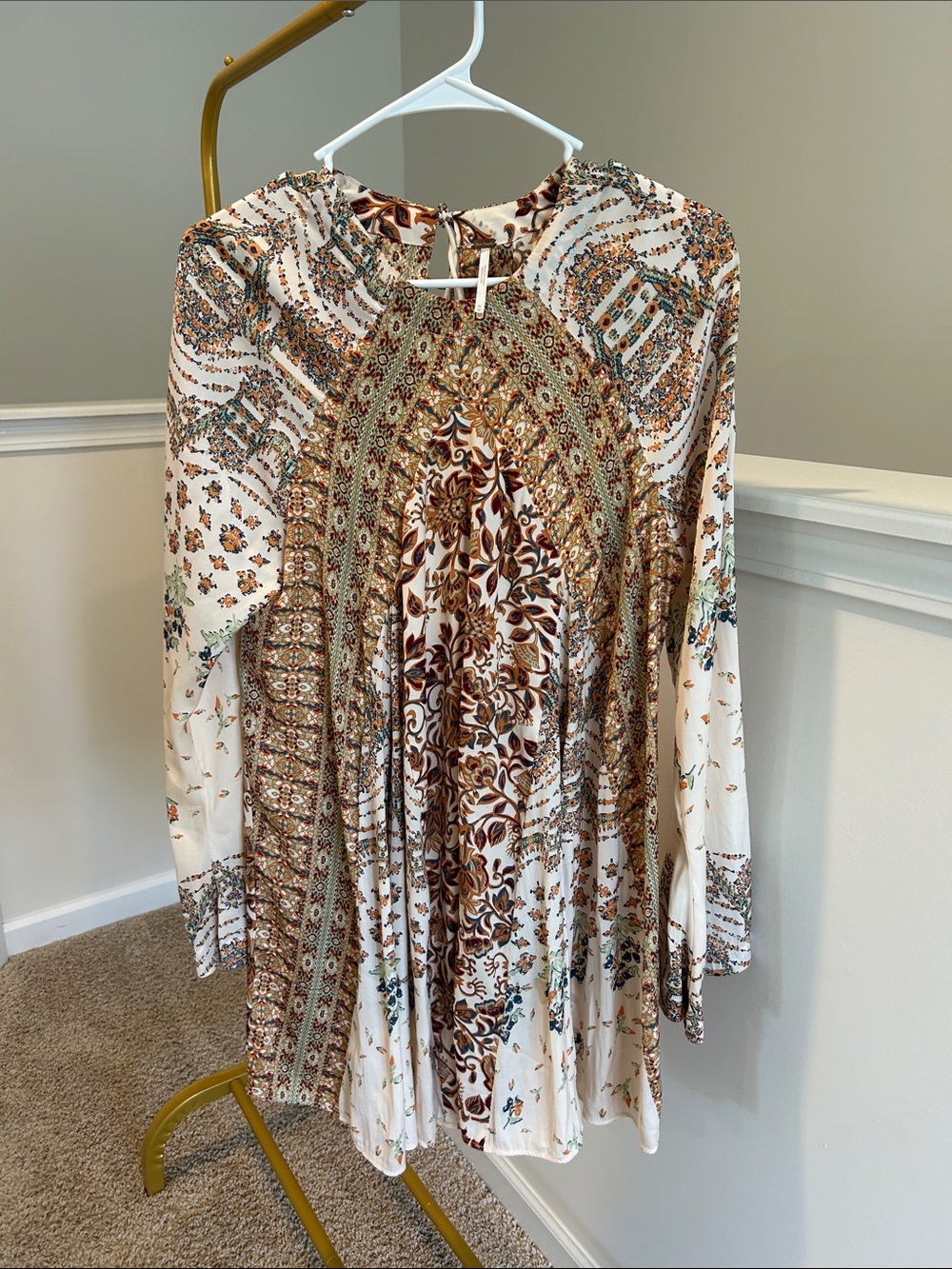 NWOT Free People Boho Floral Paisley Tunic Dress in Cream and Brown